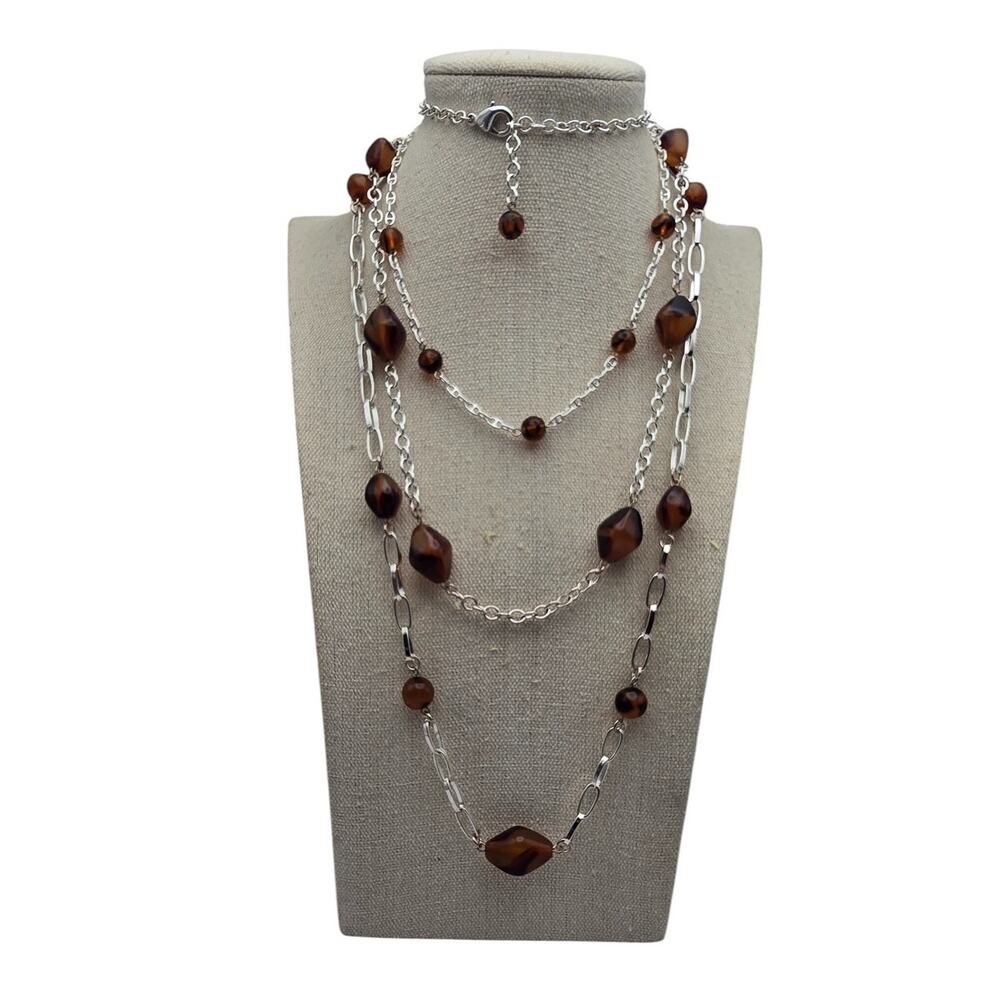 Tortoise Shell Beads Layered Silver Necklace - Earthy Romantic